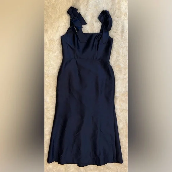 NEW Alfred Sung Bow Strap Satin Twill Trumpet MIDNIGHT NAVY Blue Gown sz 14 - Picture 2 of 6